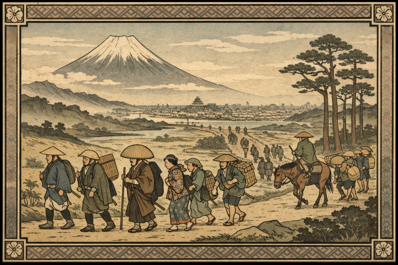 東海道を旅する鈴木一族と富士山